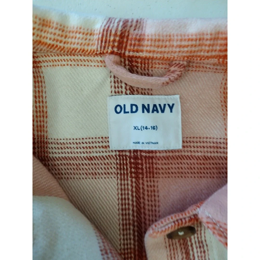 Old Navy Girls XL‎ Plaid Flannel Shirt Jacket Shacket Pink Orange White